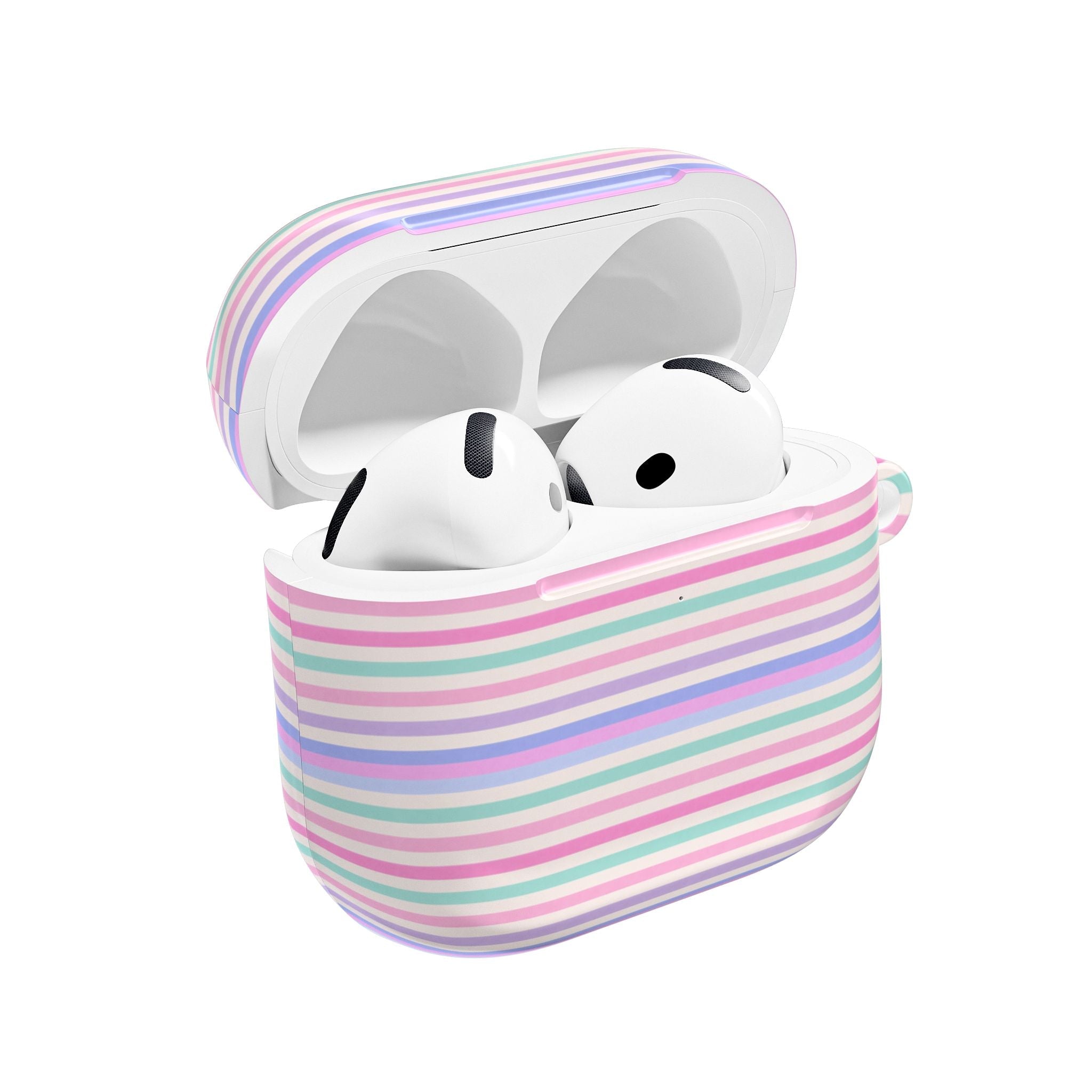 Cote d'Azur striped AirPods case open with earbuds visible