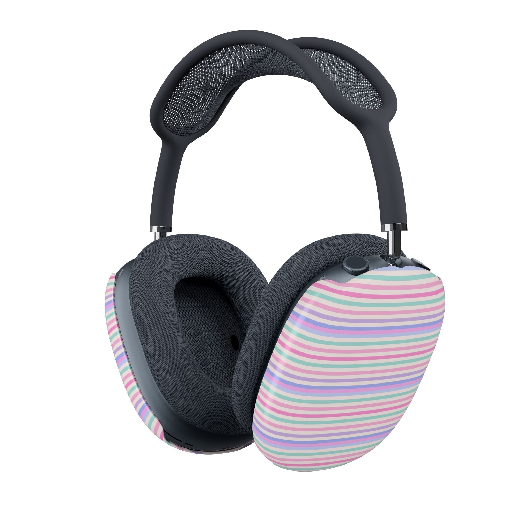 AirPods Max case covers, striped pastel rainbow on dark headphone ear cushions