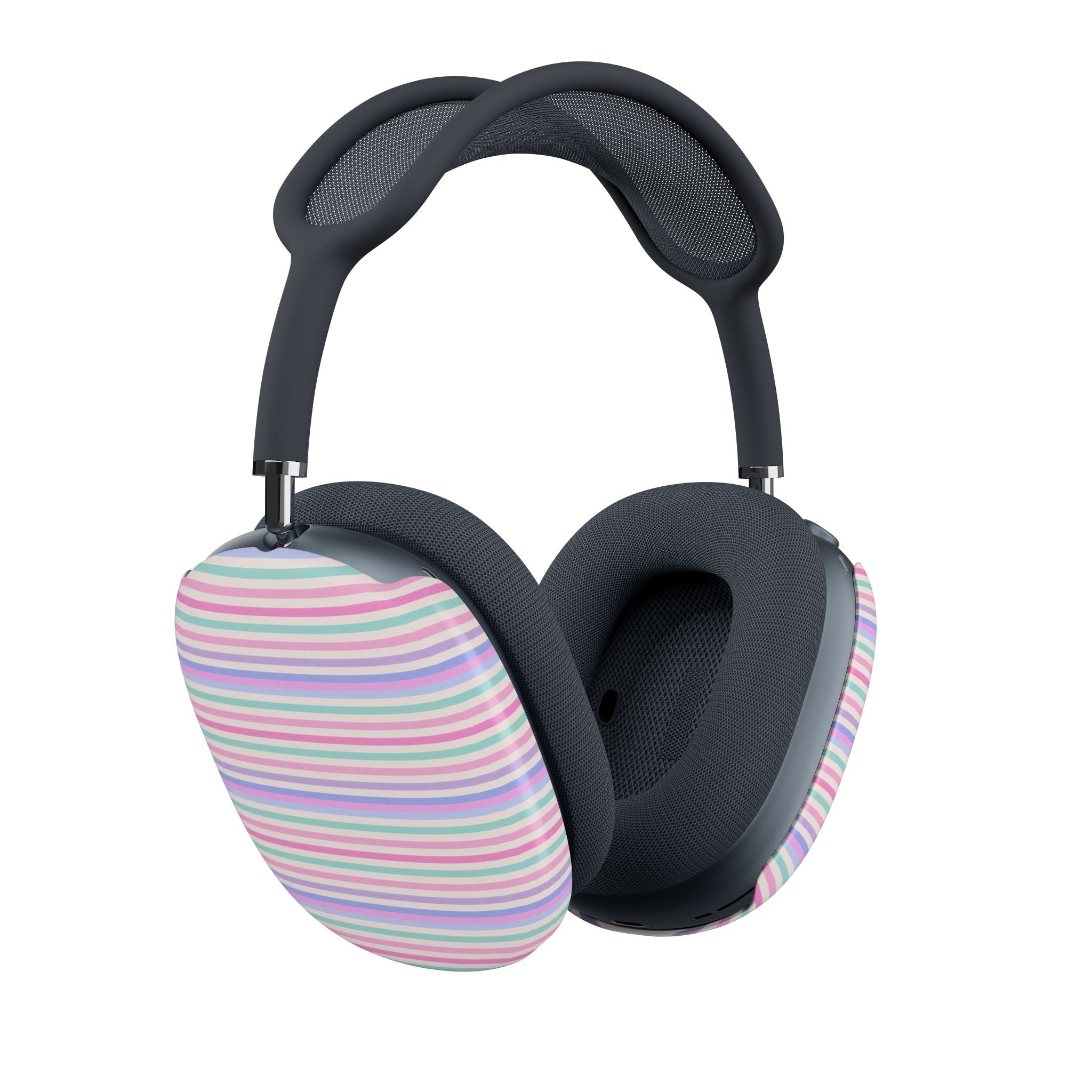 AirPods Max case covers over ear cushions, pastel horizontal stripes on both sides