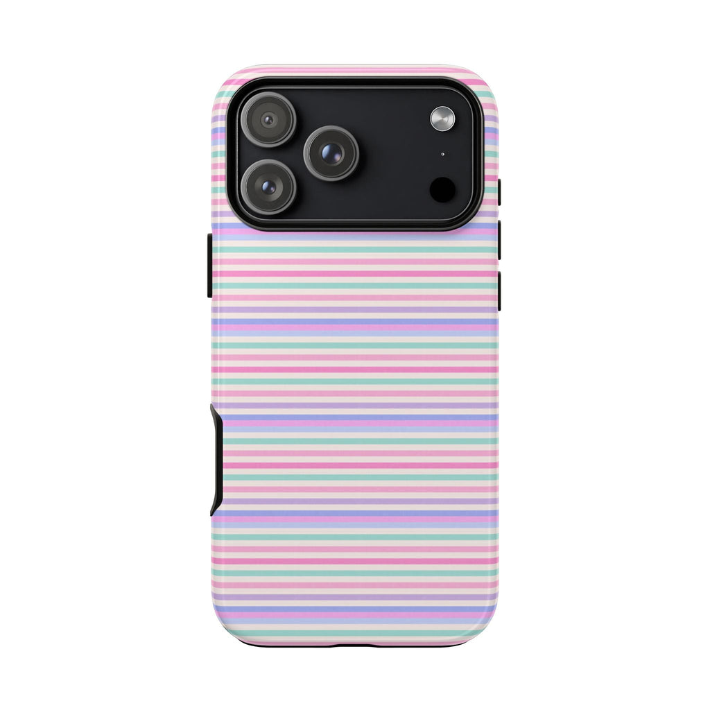 Pastel horizontal striped phone case, centered triple-camera cutout and side opening