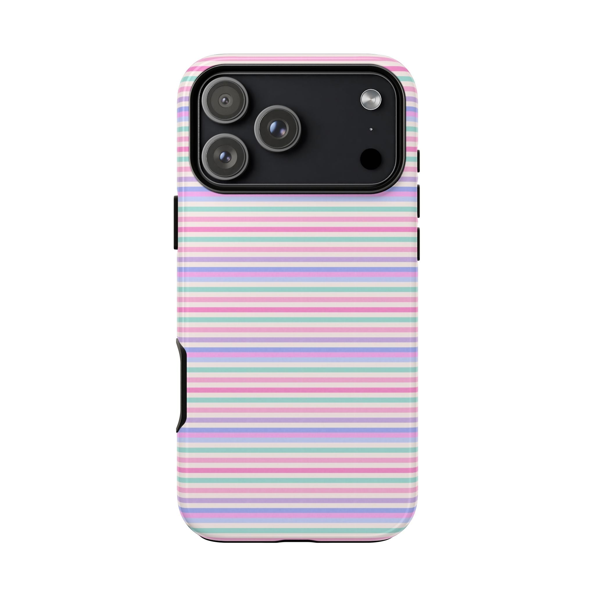 Pastel horizontal striped phone case, centered triple-camera cutout and side opening