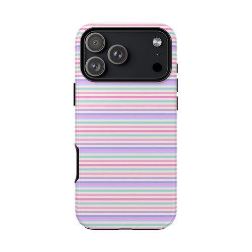 Pastel horizontal striped phone case, centered triple-camera cutout and side opening