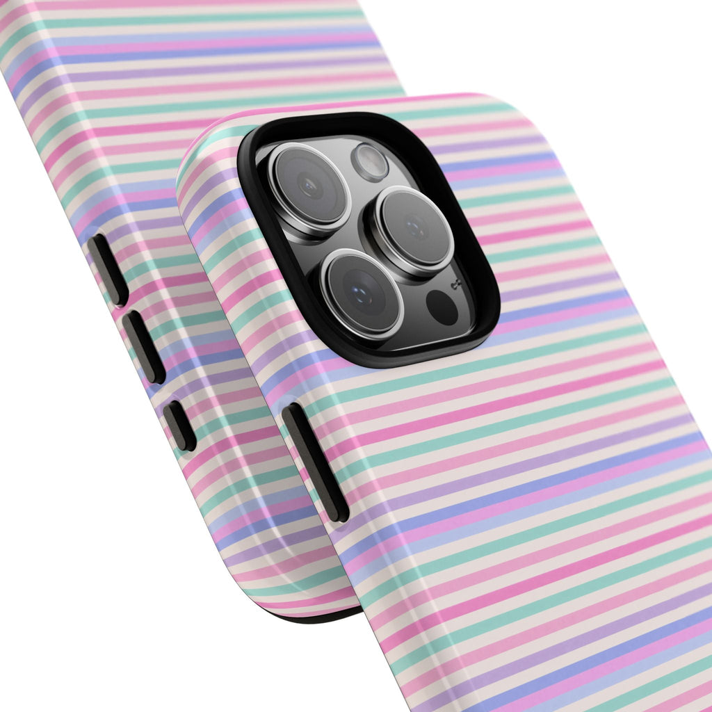 Two pastel horizontal striped phone cases with camera cutouts and raised edges
