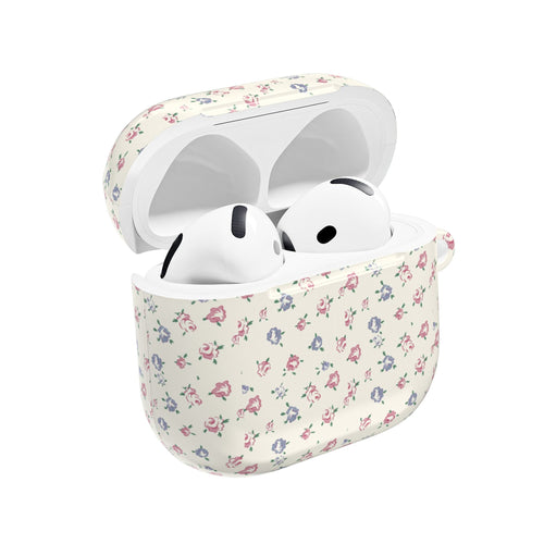 Floral AirPods case open with white earbuds; cream with pink and blue roses
