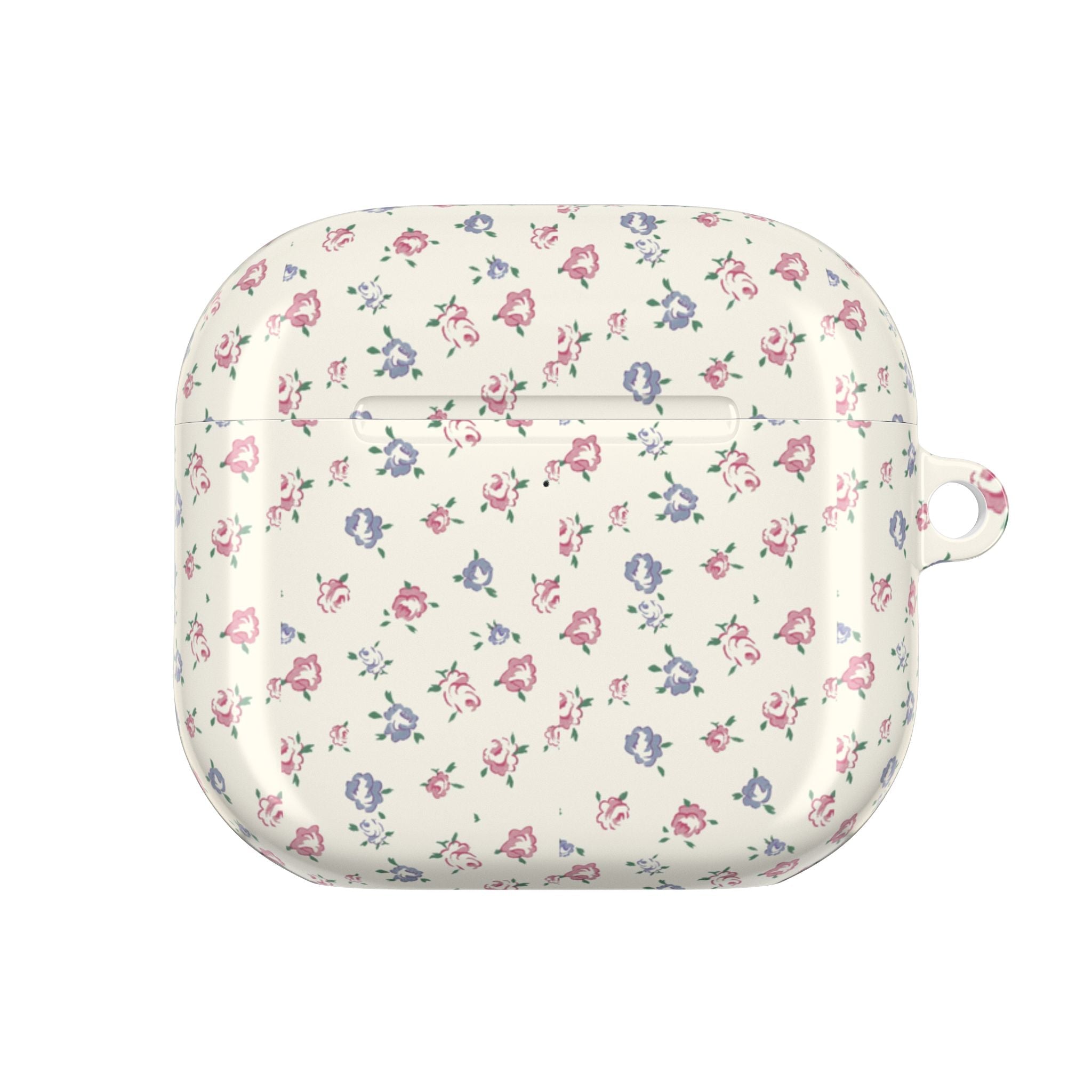 Floral AirPods case side view with small earbud loop; cream with pink and blue blooms
