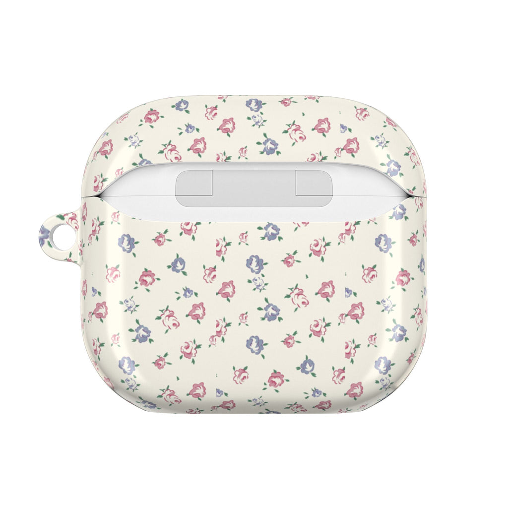 Floral AirPods case back view, smooth cream shell with small pink and blue flowers