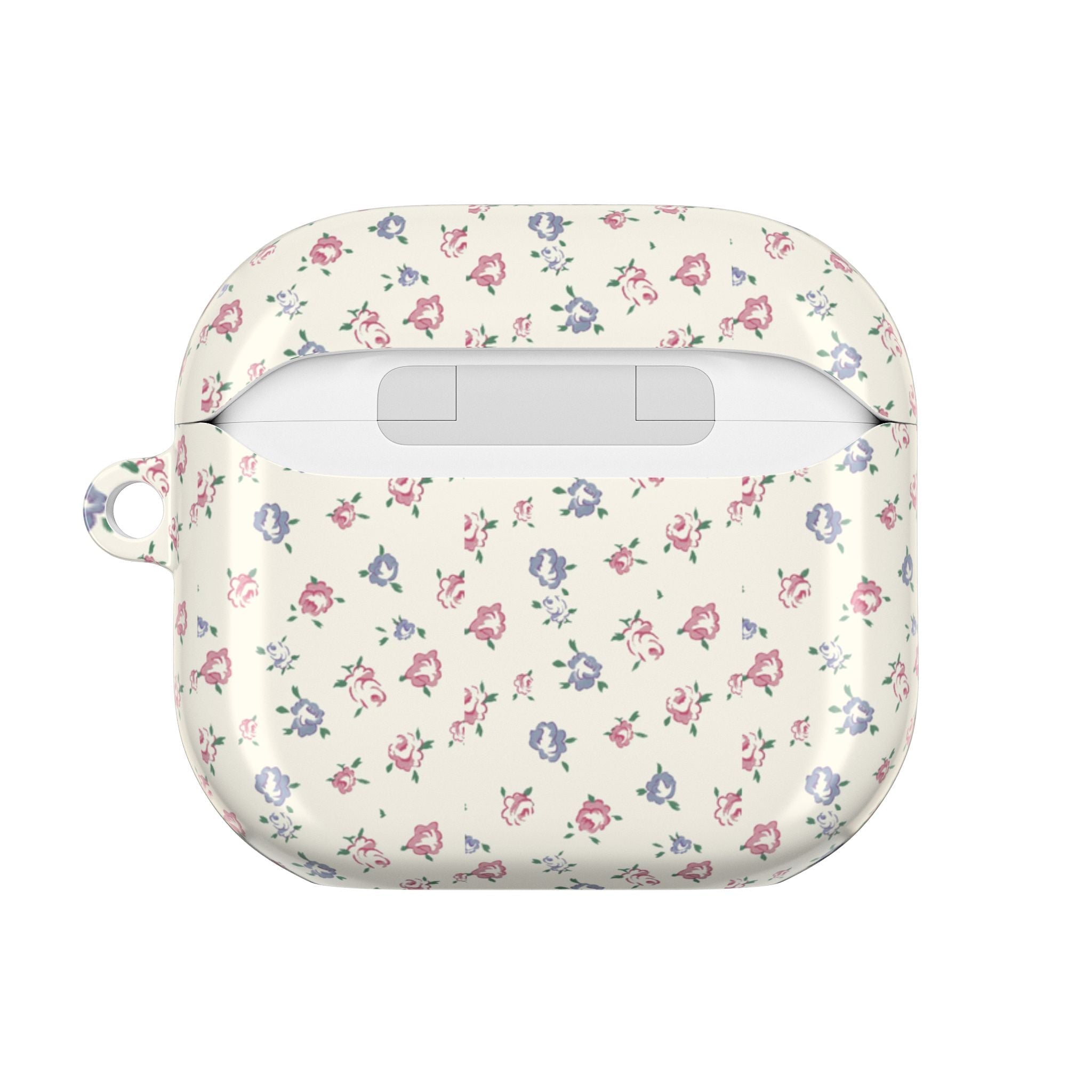 Floral AirPods case back view, smooth cream shell with small pink and blue flowers