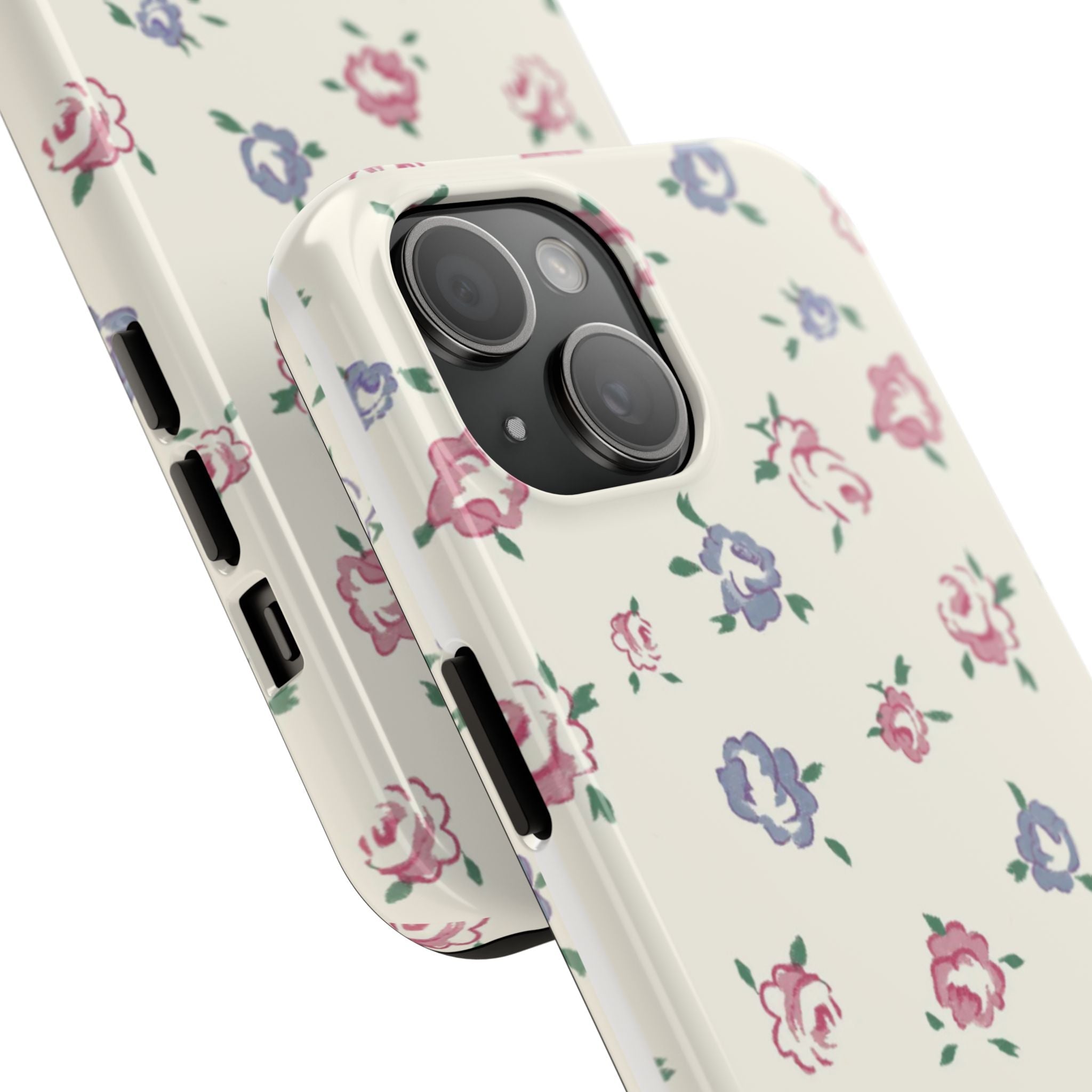Floral phone case with camera cutout and side openings; cream with pink and blue blooms
