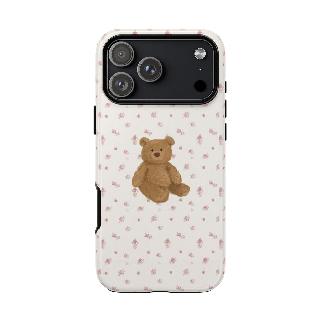 Cottage ditsy floral teddy bear phone case showing camera cutout and bear design