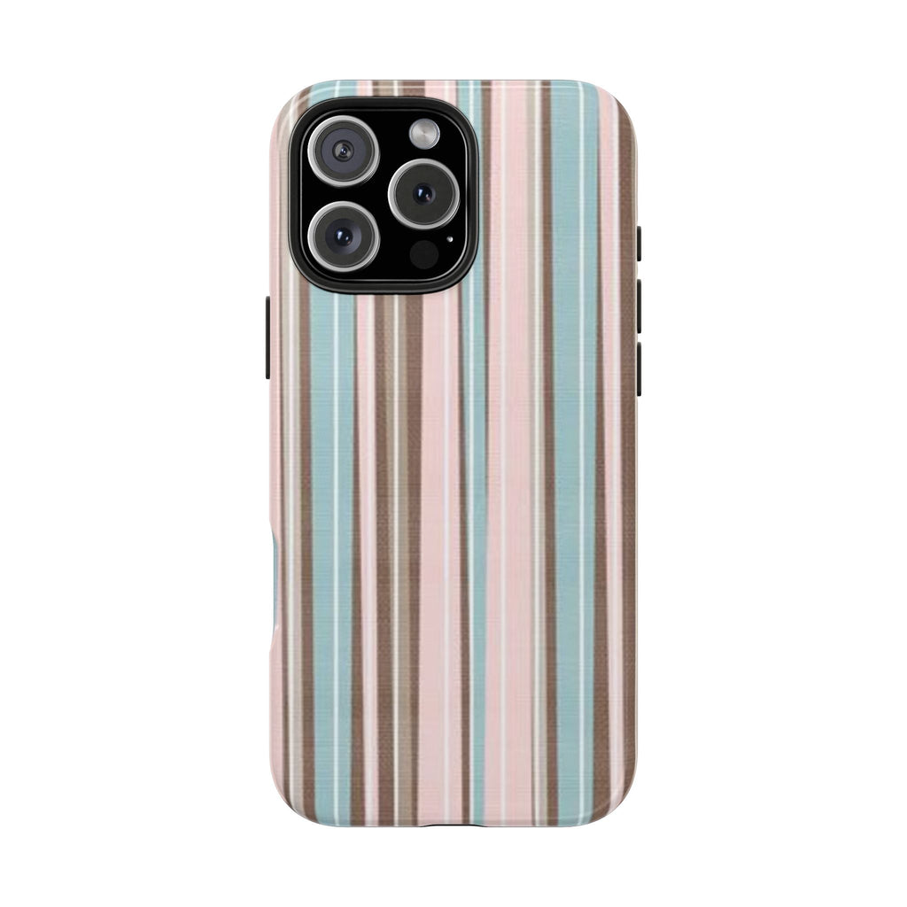 Vertical pastel stripe phone case in pink, brown, and blue with side buttons and camera cutout