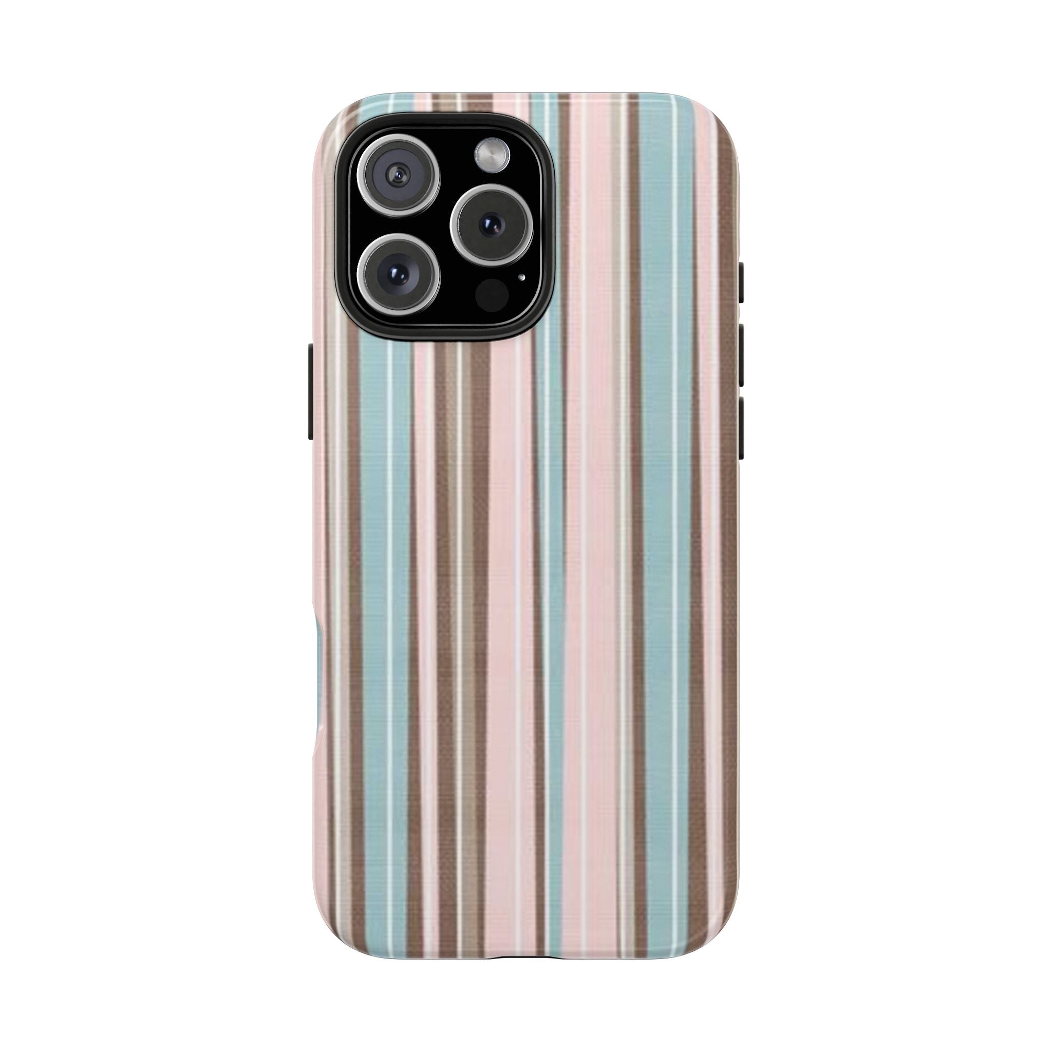 Pastel striped phone case with black camera module frame and side buttons