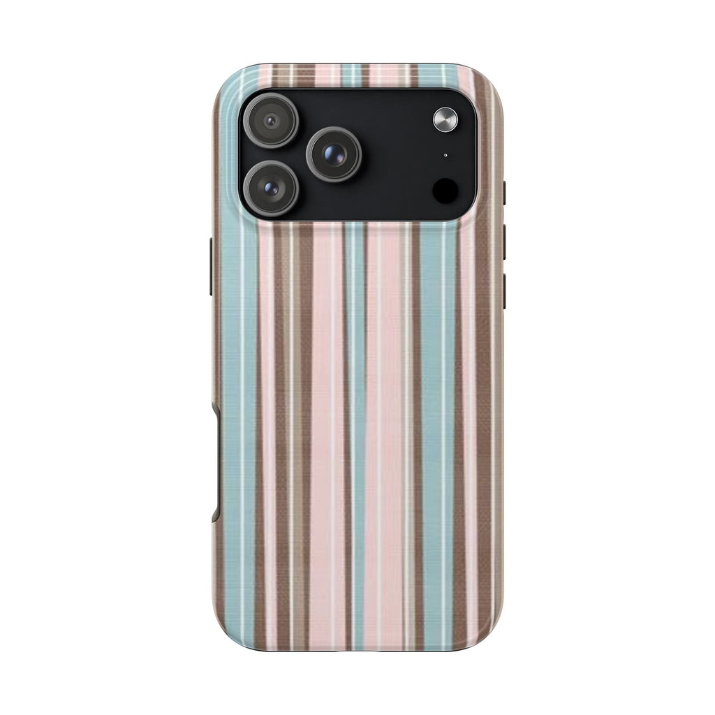 Pastel striped phone case with vertical brown, pink, and blue stripes; camera cutout