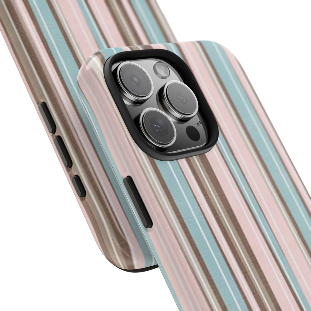 Pastel vertical stripe phone case showing raised camera lens and protected side edge buttons