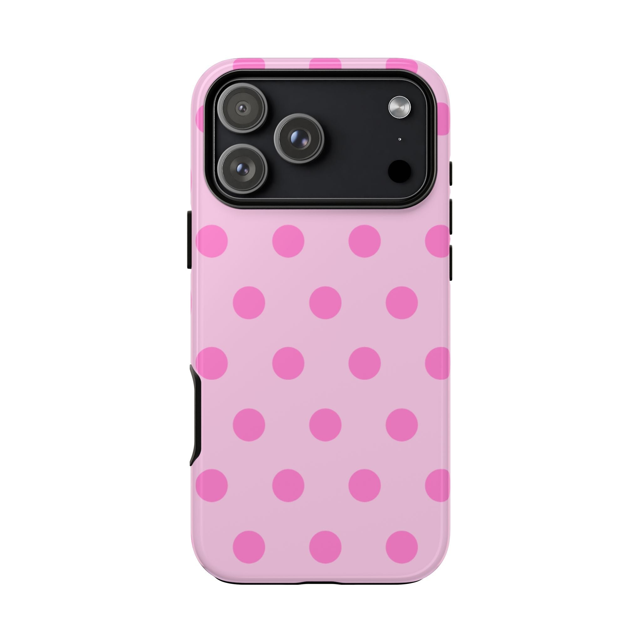 Pink polka dot phone case with dark camera panel and precise cutouts on edges
