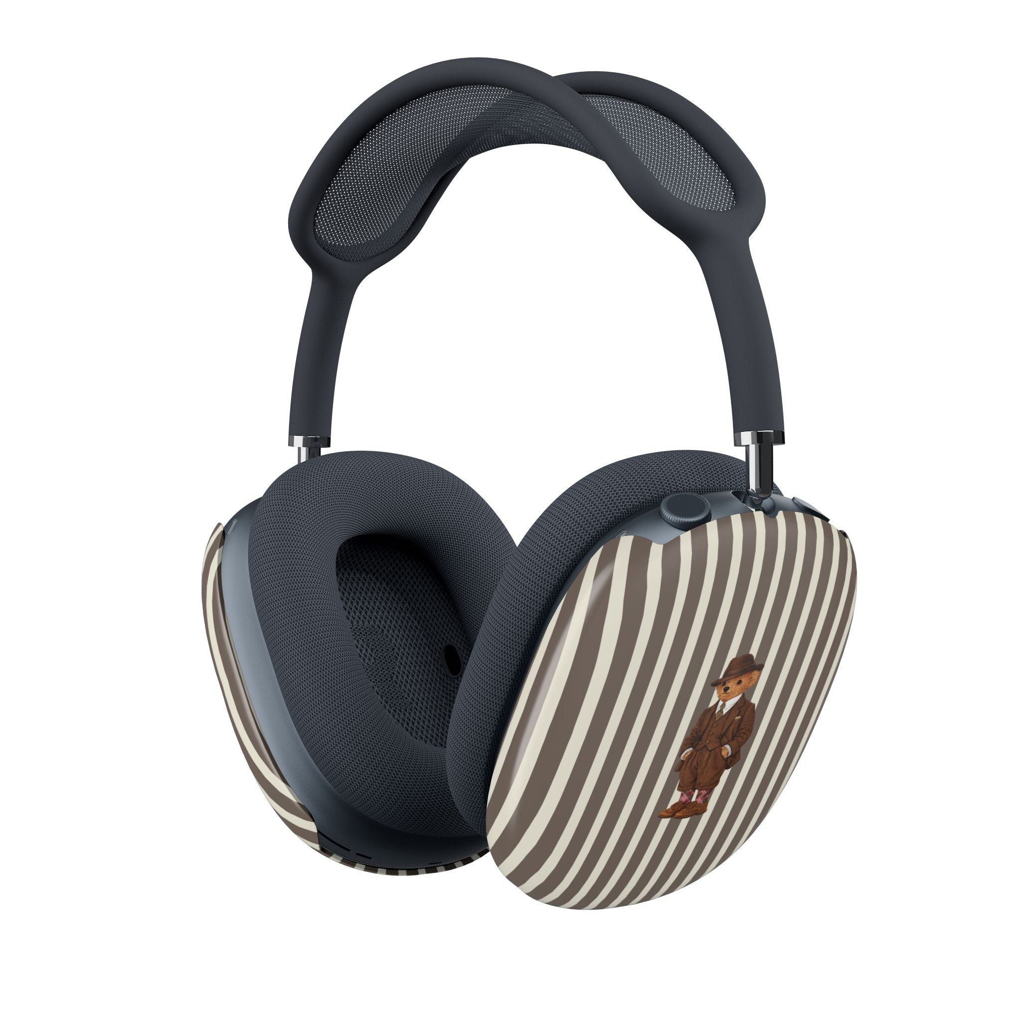 AirPods Max ear cup covers with vertical tan/dark stripes and centered teddy bear patch