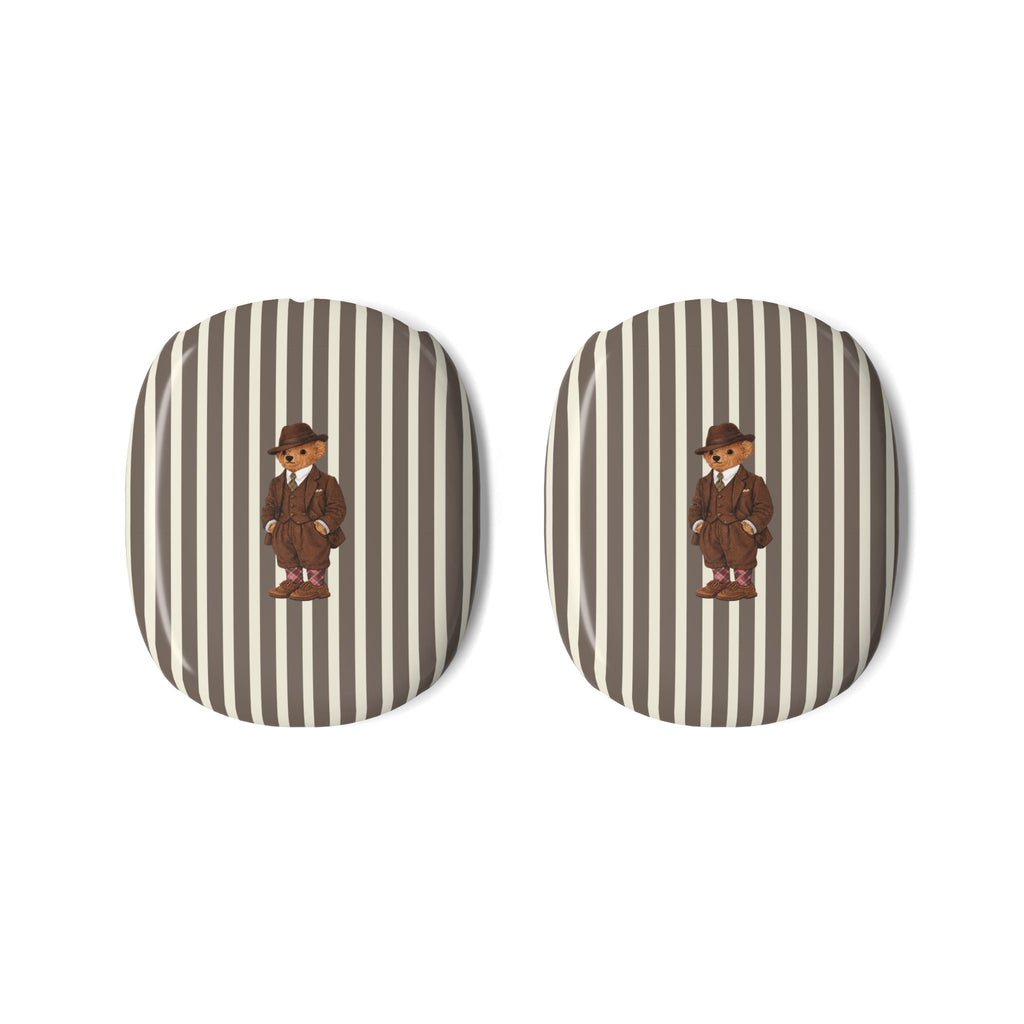 Pair of AirPods Max ear cup covers with vertical tan and dark stripes, teddy bear graphic
