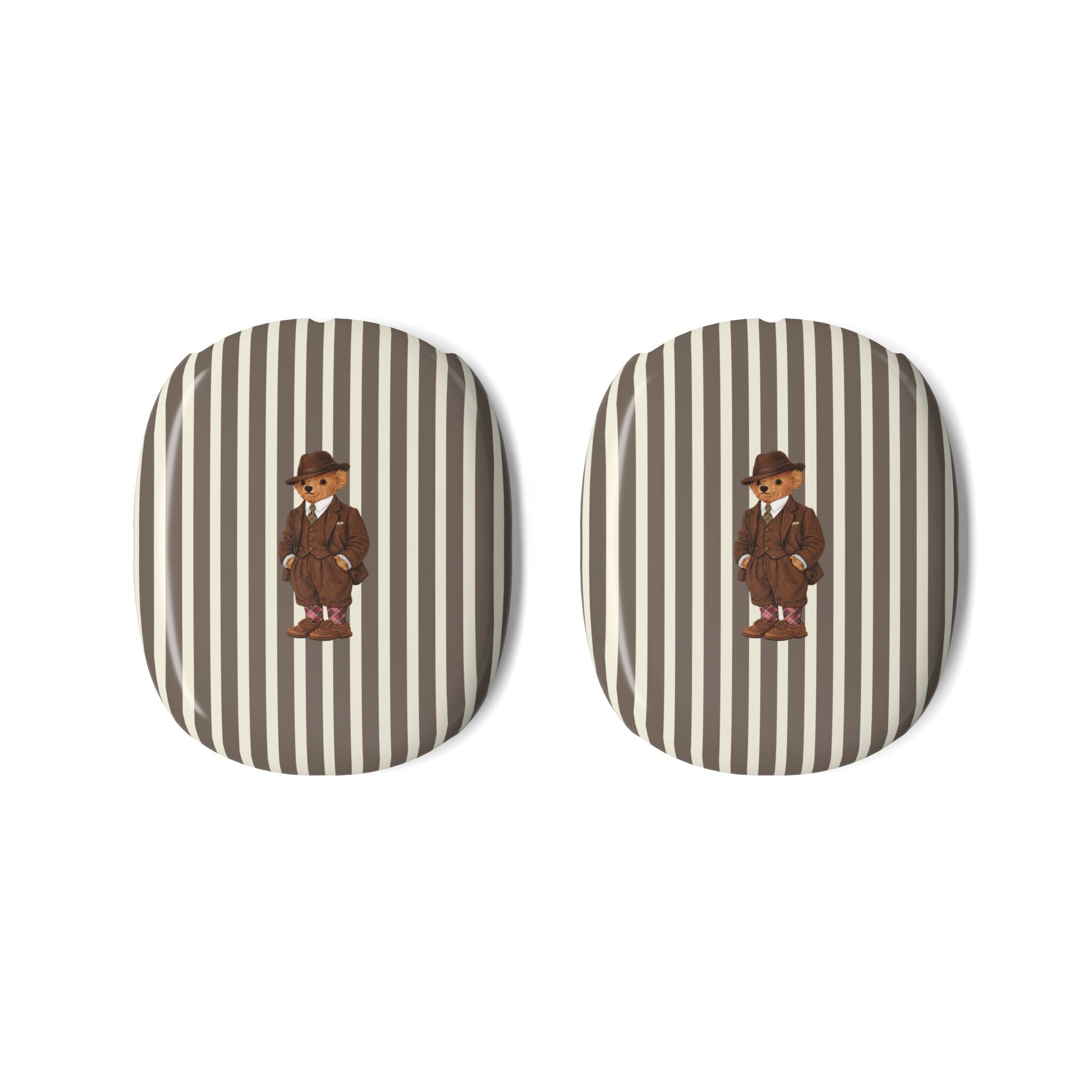 Pair of AirPods Max ear cup covers with vertical tan and dark stripes, teddy bear graphic