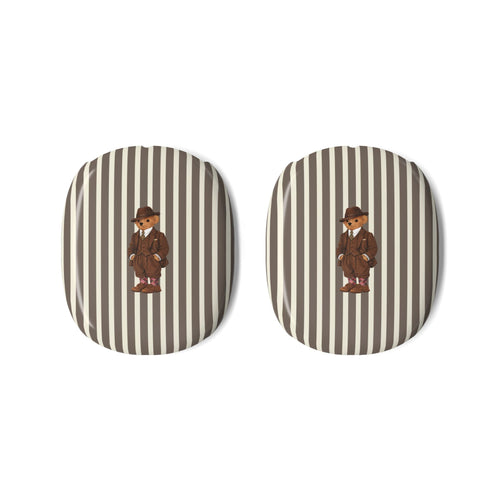 Pair of AirPods Max ear cup covers with vertical tan and dark stripes, teddy bear graphic