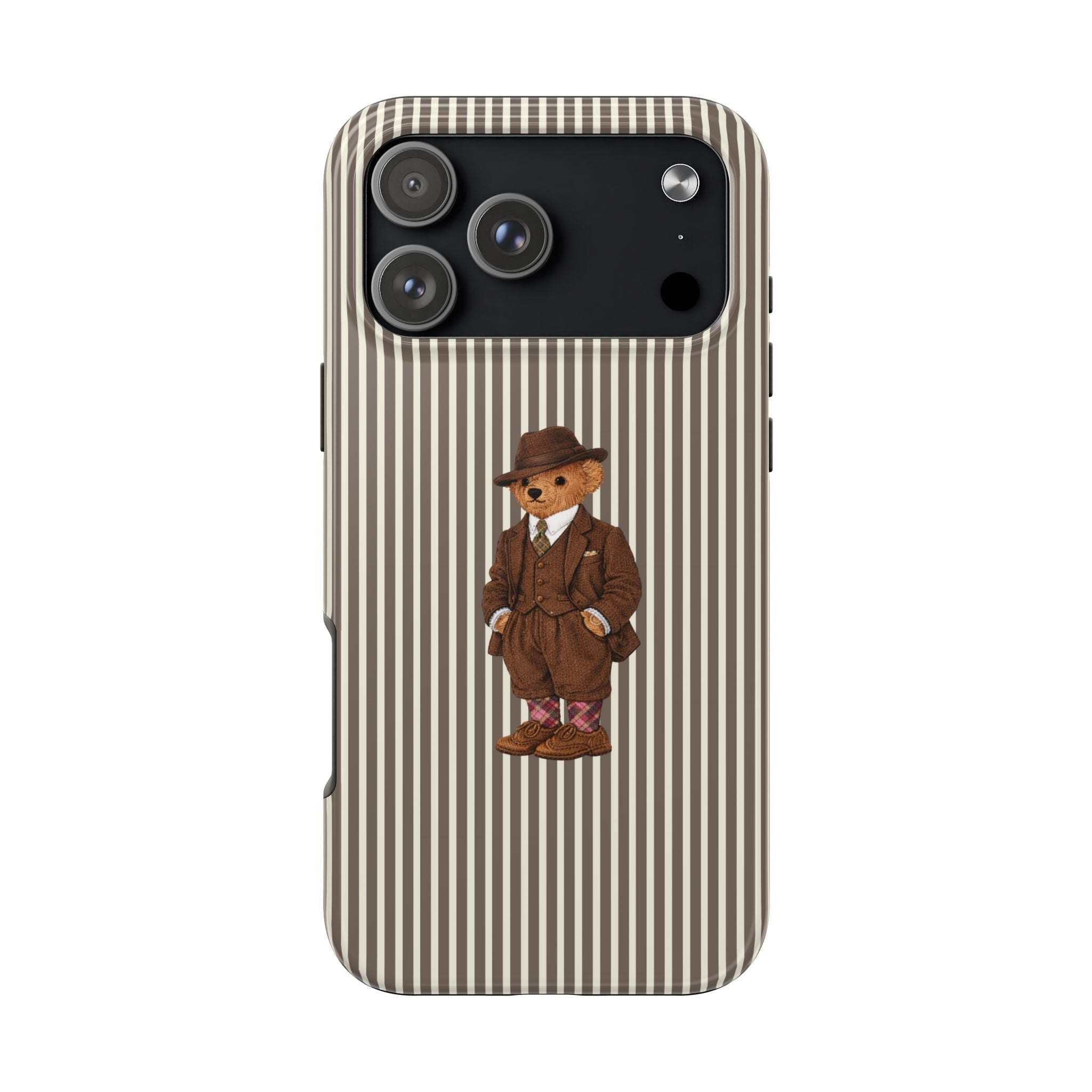 Brown-and-cream vertical stripe phone case with teddy bear in a suit