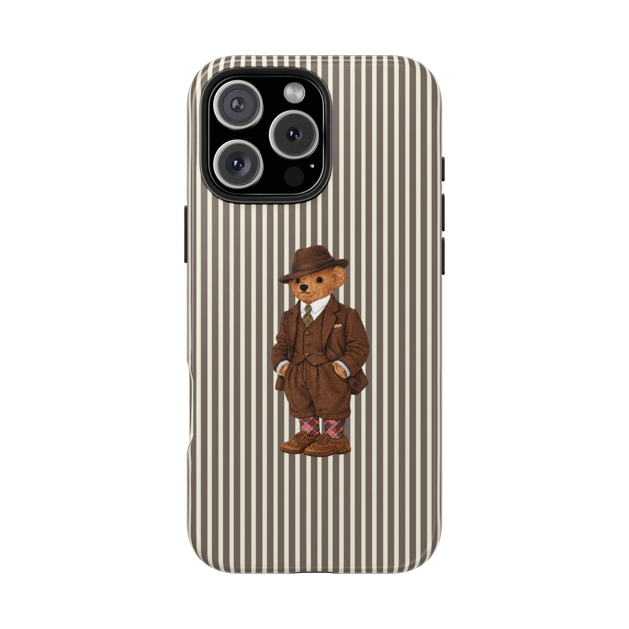 Vertical striped phone case featuring a teddy bear dressed in brown suit