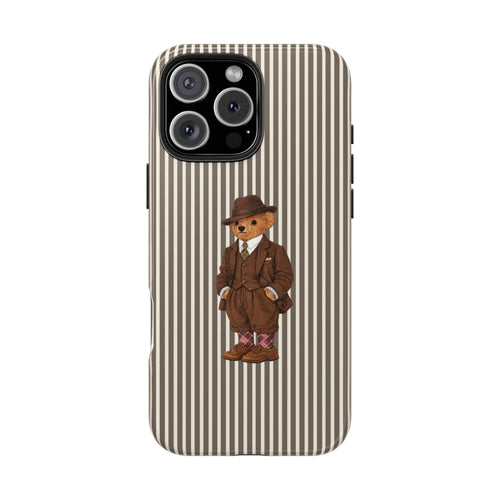 Vertical striped phone case featuring a teddy bear dressed in brown suit
