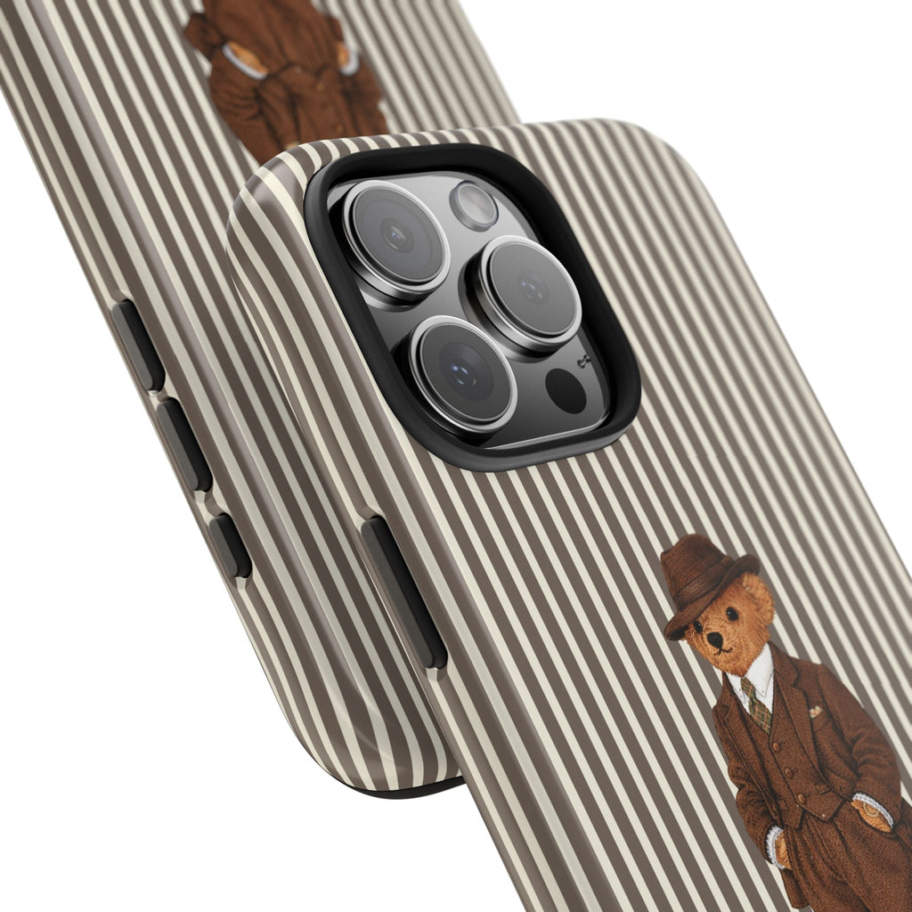 Angled vertical stripe phone case with teddy bear and visible camera cutouts