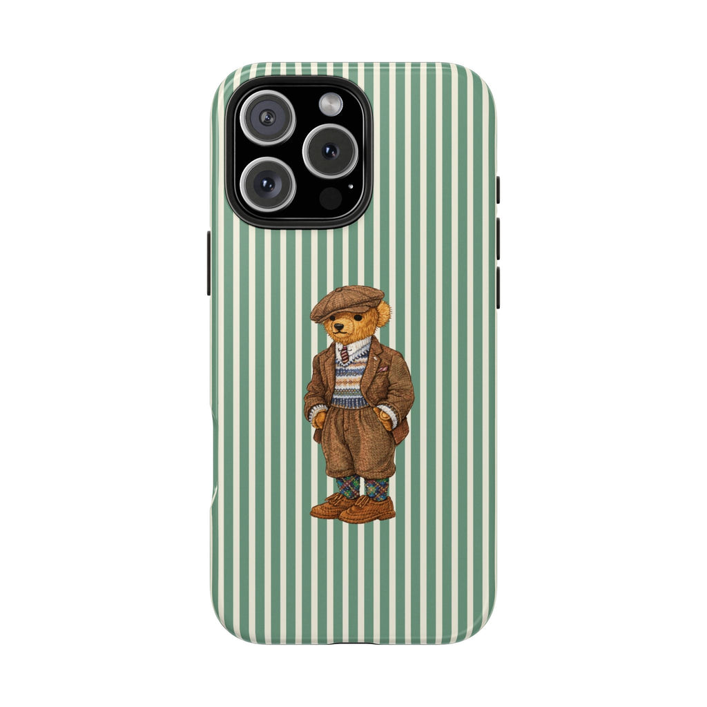 Green striped phone case featuring a teddy bear character patch in the center