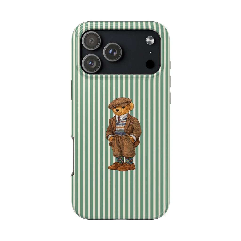 Green and white striped phone case with teddy bear patch and camera cutouts