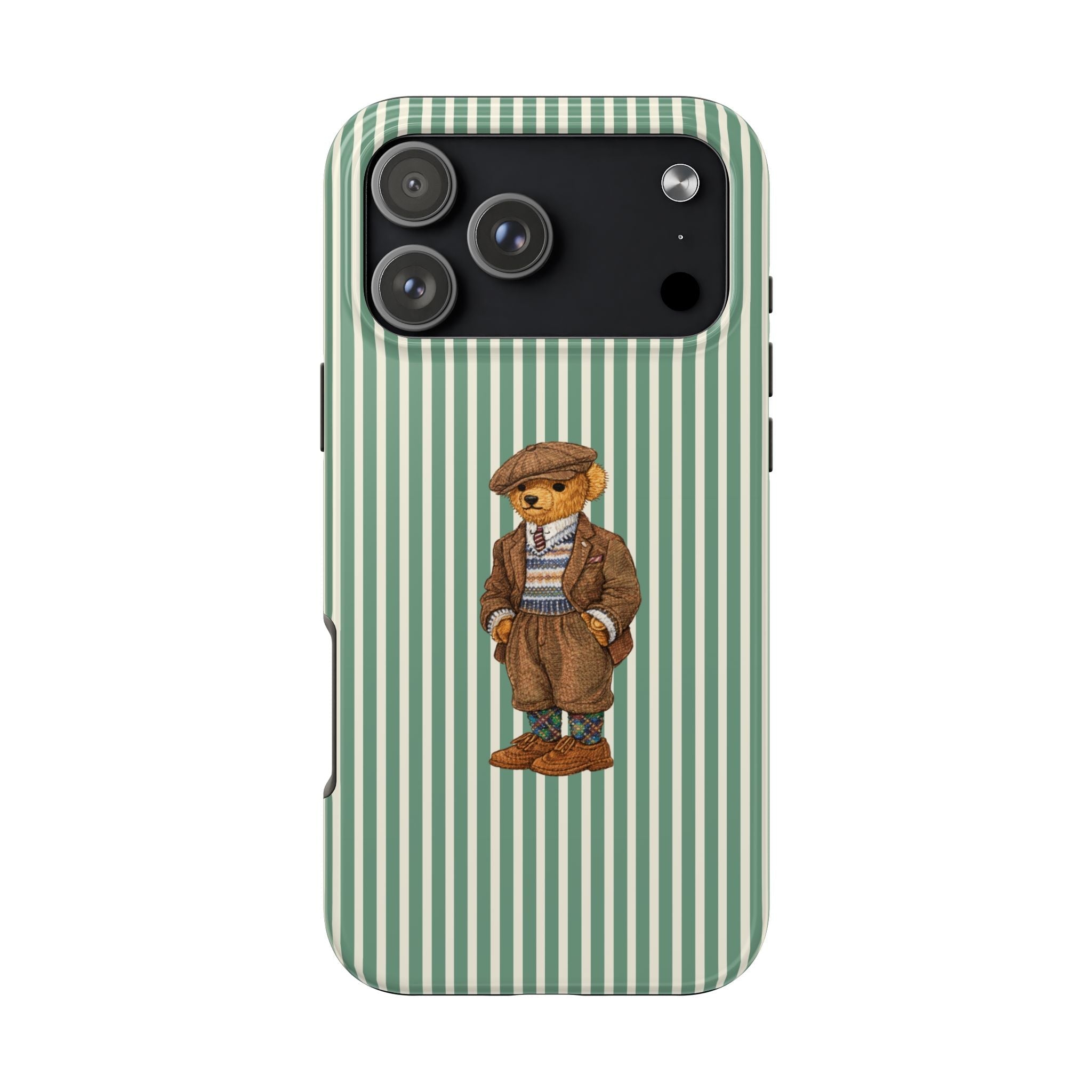 Green and white striped phone case with teddy bear patch and camera cutouts