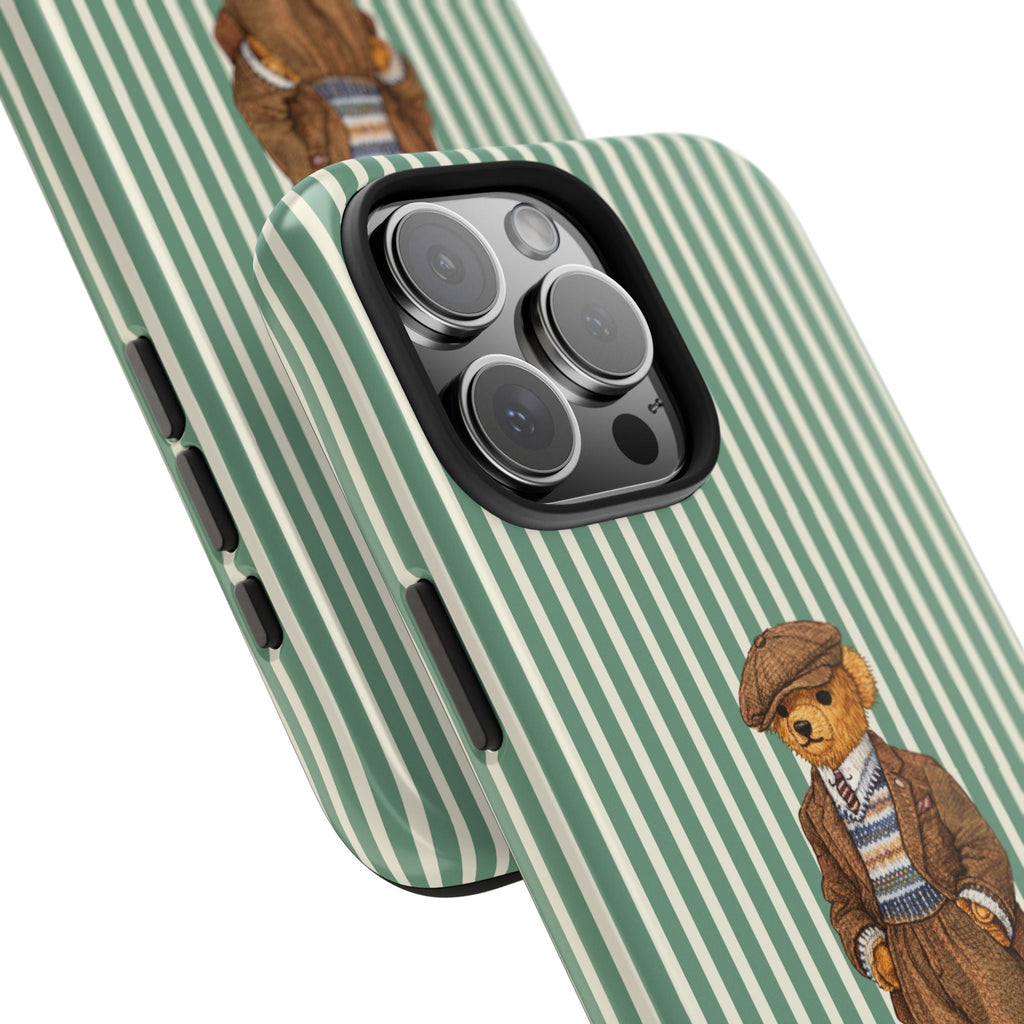Side view phone case with green striped pattern, teddy bear detail, and lens openings