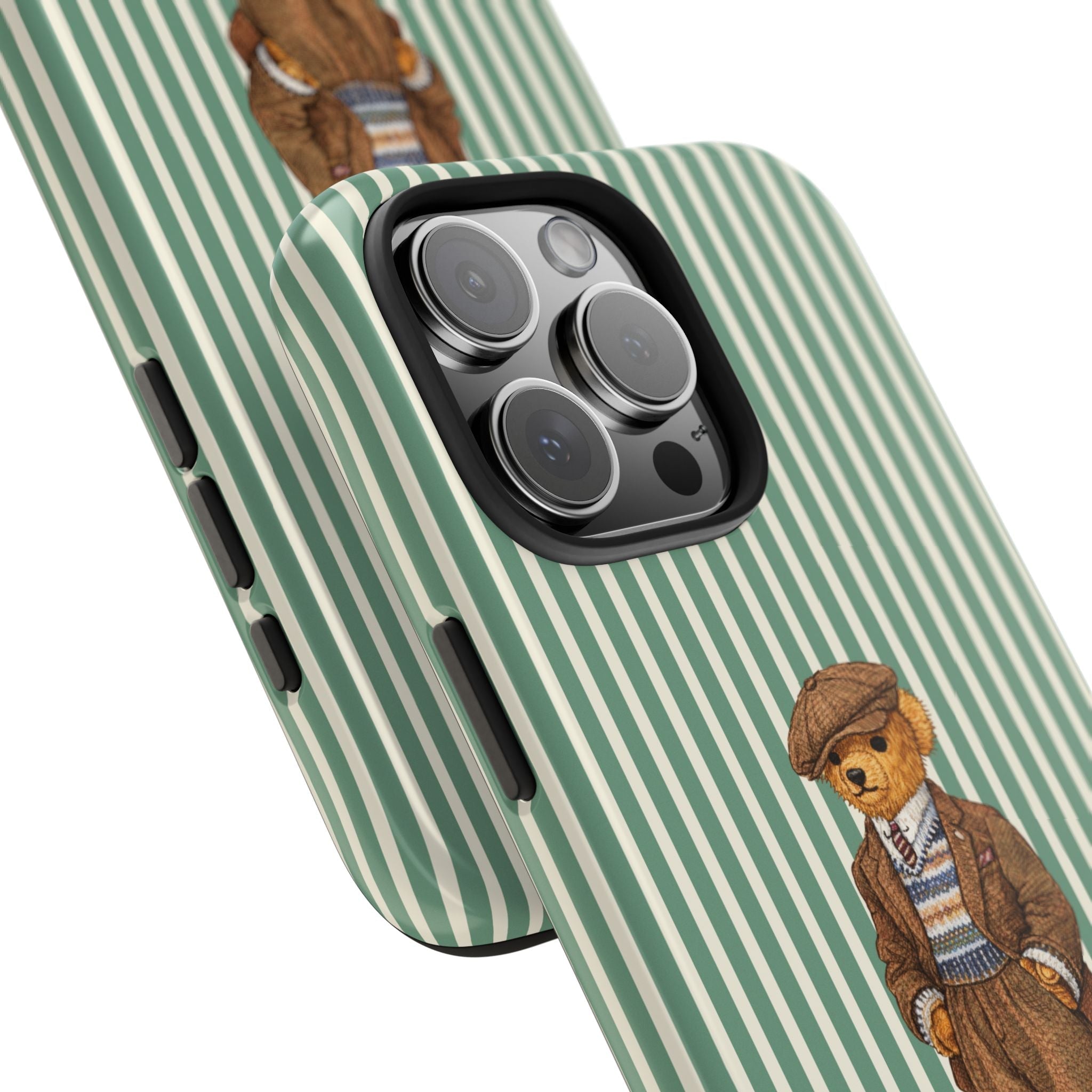Side view phone case with green striped pattern, teddy bear detail, and lens openings