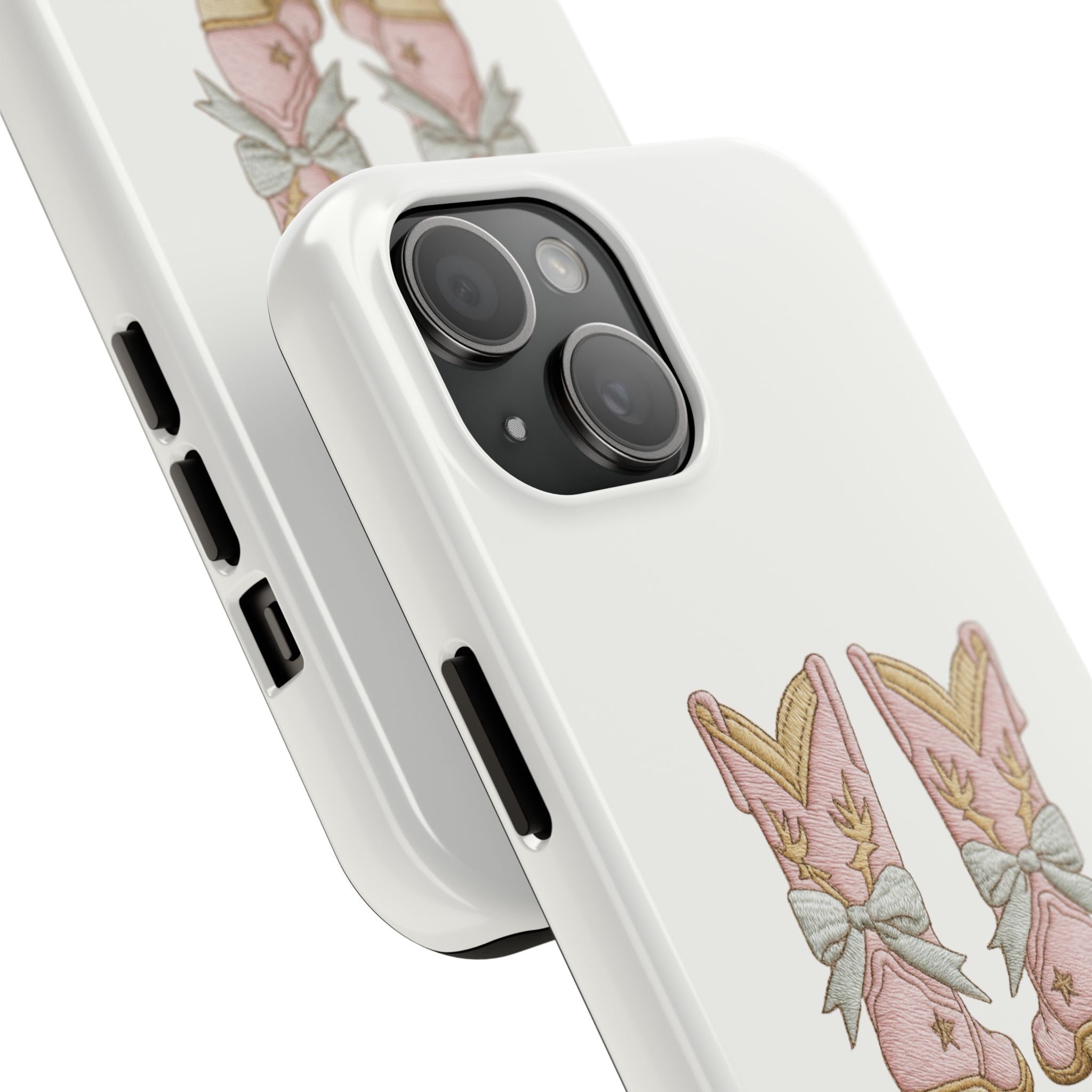 Angled cowgirl bow boots phone case with camera cutout and boot-and-bow graphic
