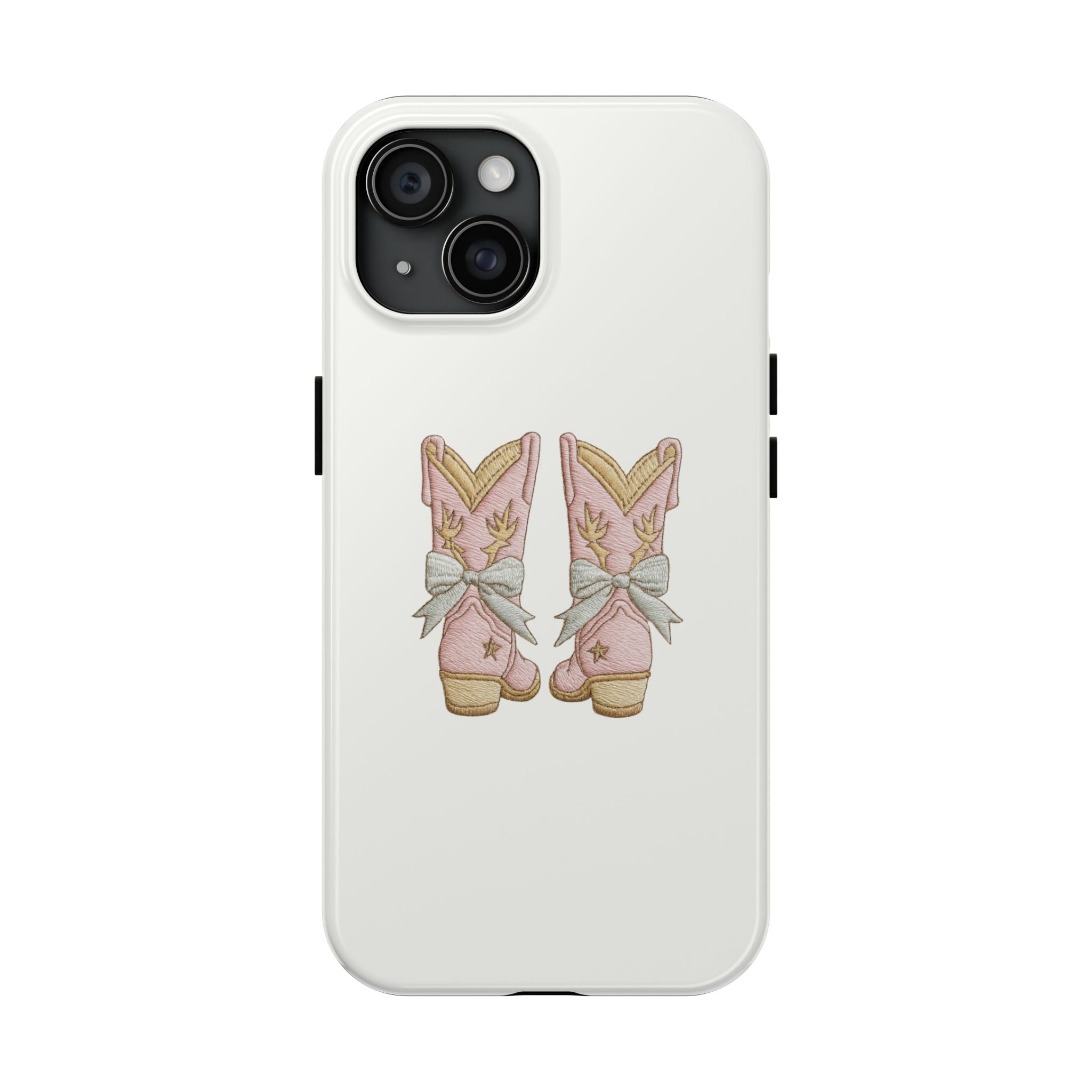 Country cowgirl bow boots phone case: two illustrated boots with bows on light case