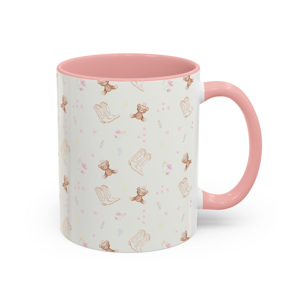 Country cowgirl teddy ceramic mug with pink handle, white body and repeating teddy/boot icons