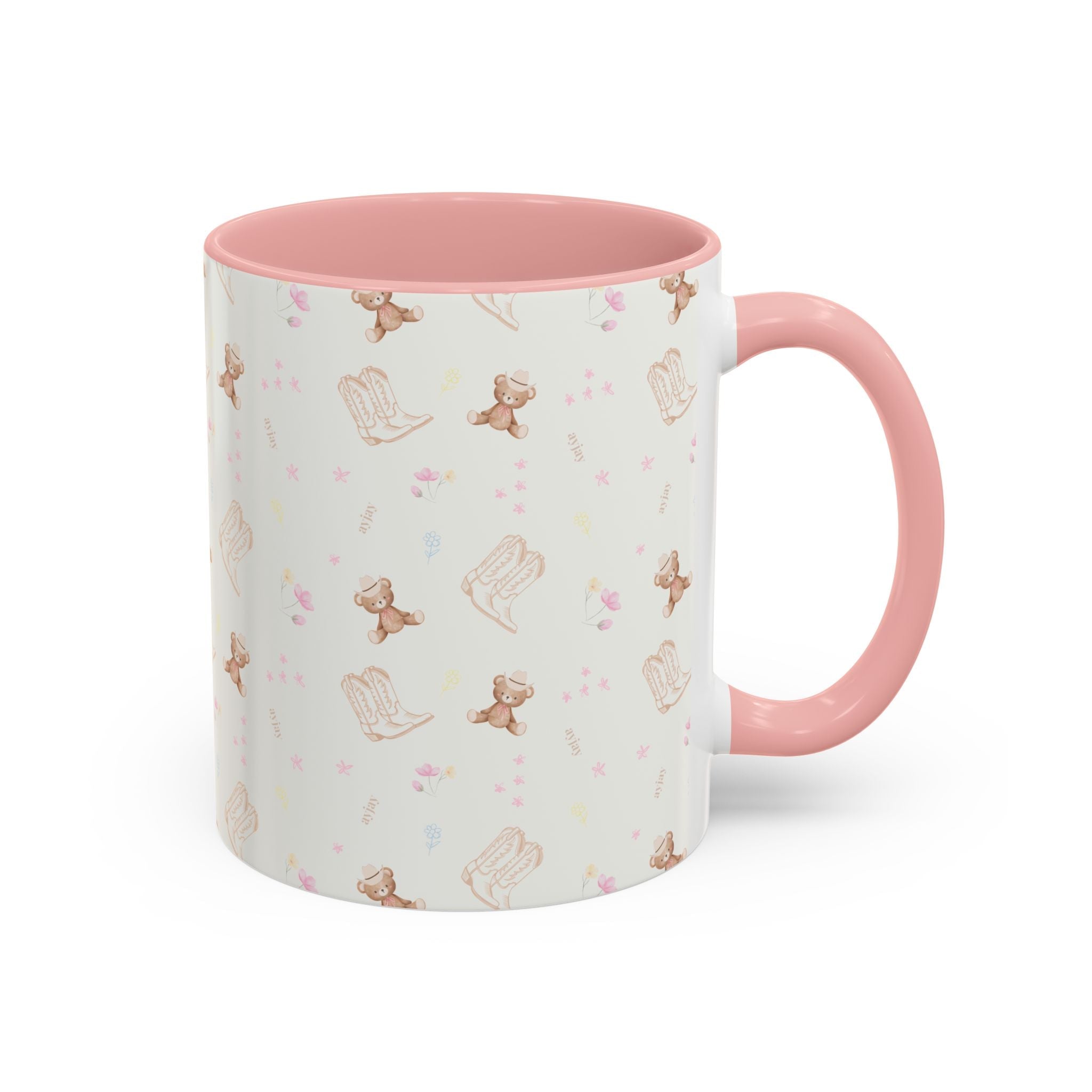 Country cowgirl teddy ceramic mug with pink handle, white body and repeating teddy/boot icons
