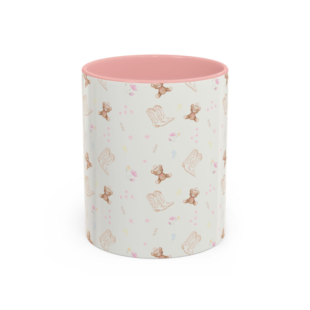 Ceramic country cowgirl teddy mug with pink interior rim, allover teddy and boot pattern