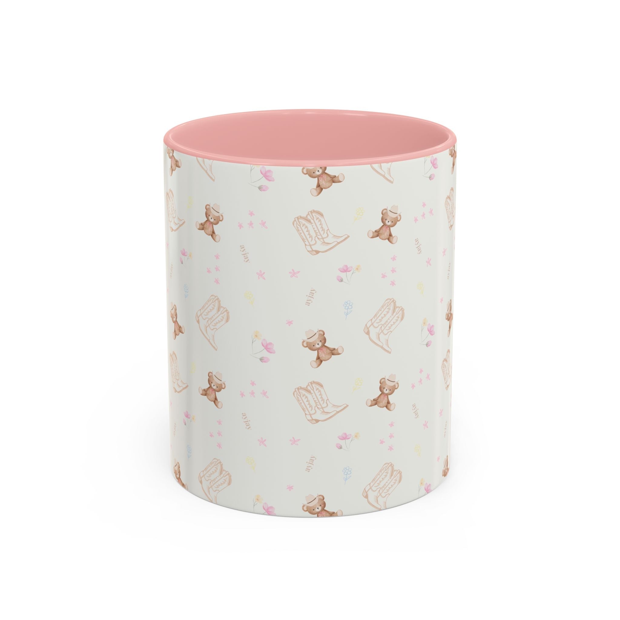 Ceramic country cowgirl teddy mug with pink interior rim, allover teddy and boot pattern