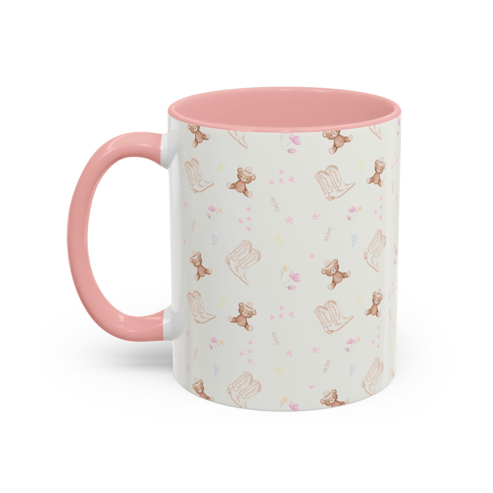 Ceramic cowgirl teddy mug, white with pink rim and handle, patterned with teddy bears and boots