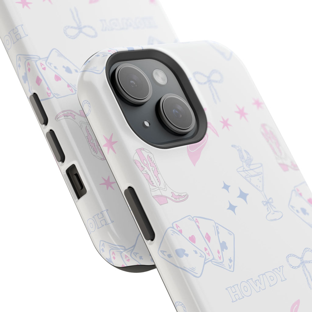 Angled view: white phone case with pink/blue western boots, stars, hearts, bow details