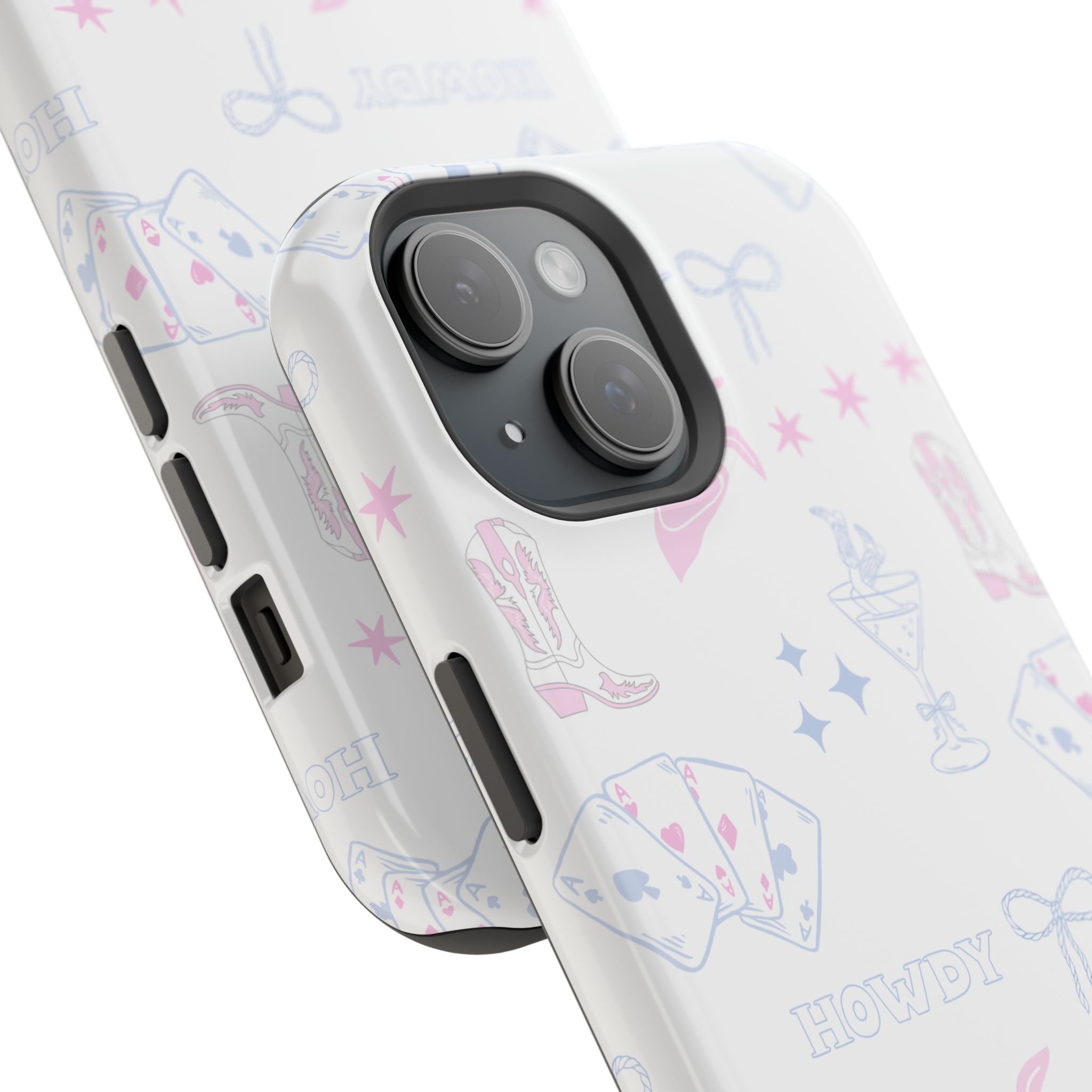 Angled view: white phone case with pink/blue western boots, stars, hearts, bow details