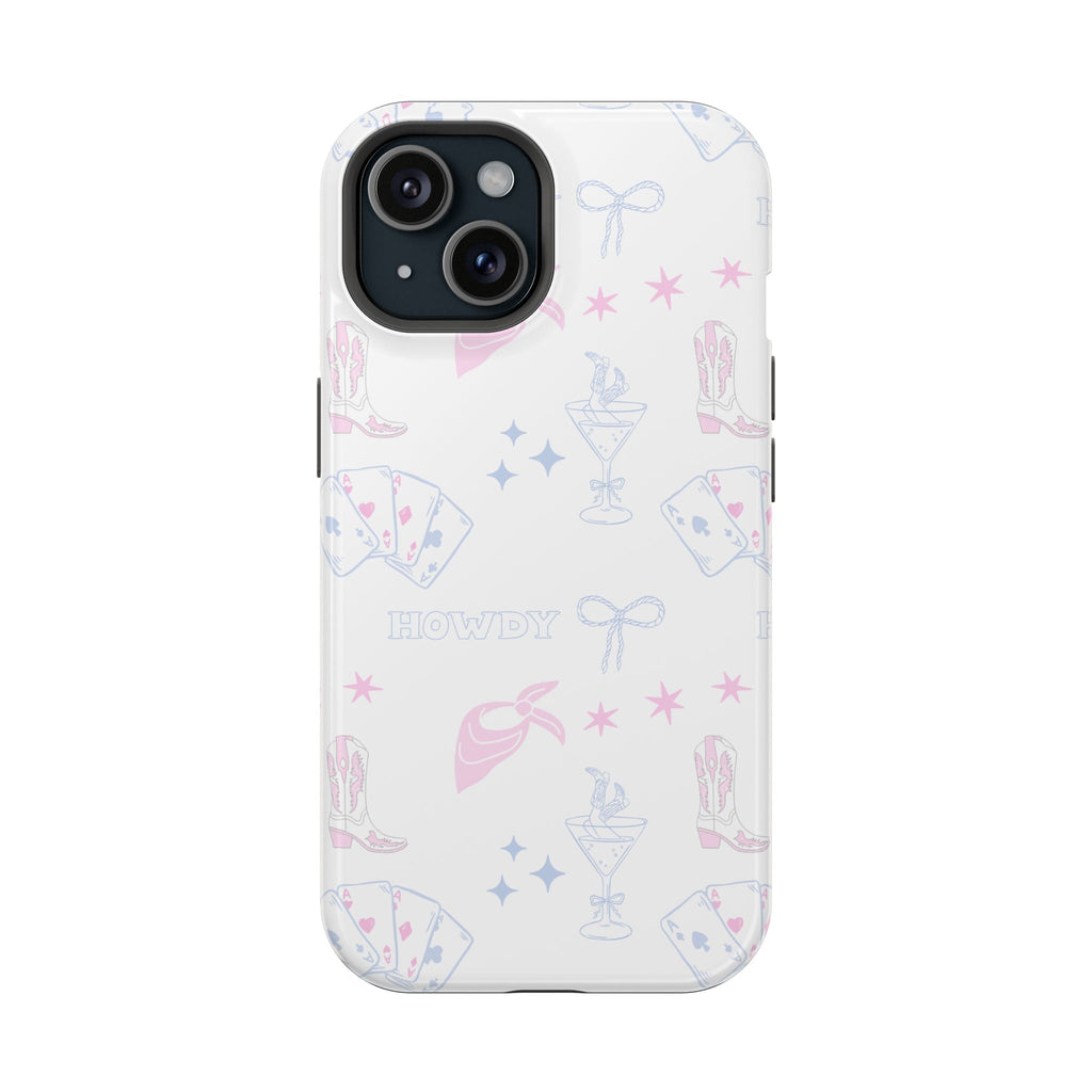 White phone case with pink & blue western howdy boots, stars, hearts, and bows