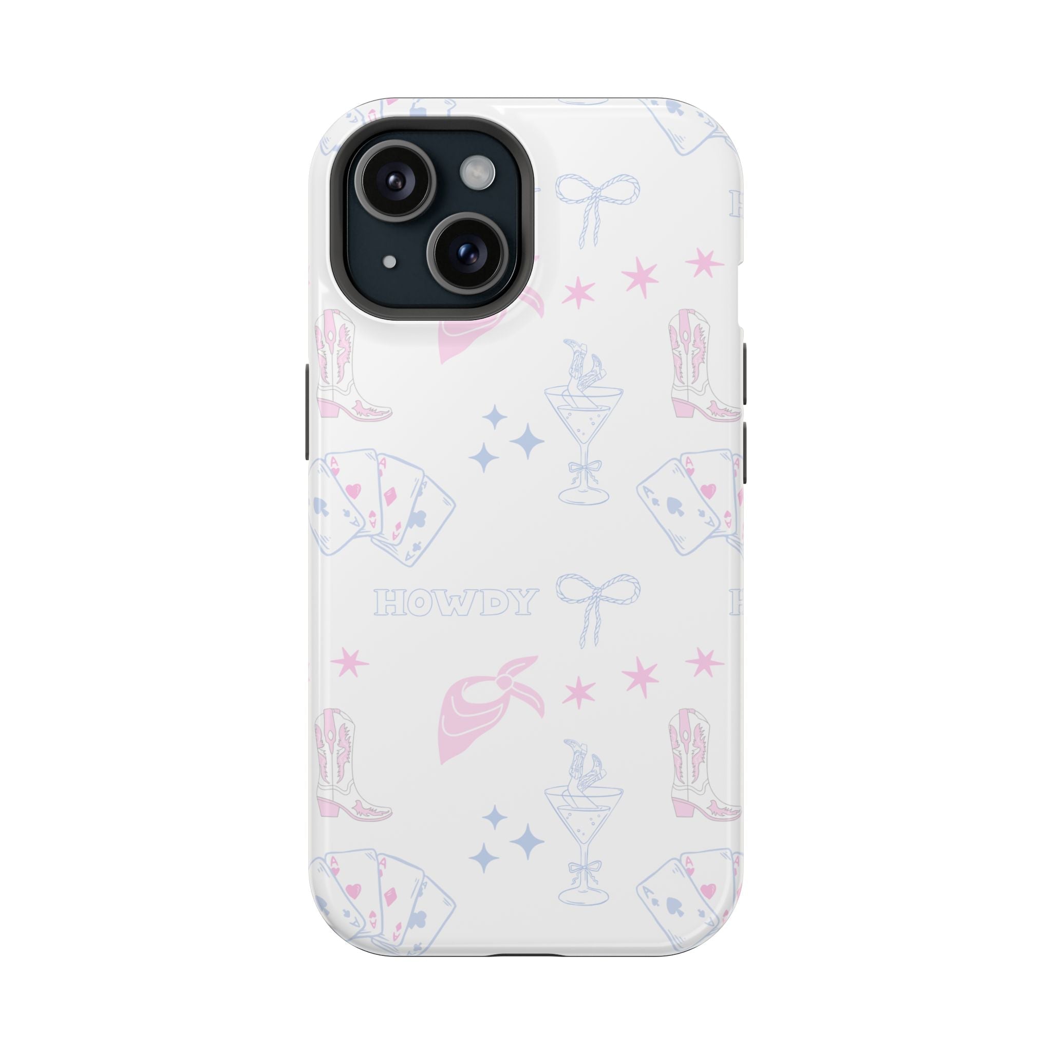 White phone case with pink & blue western howdy boots, stars, hearts, and bows