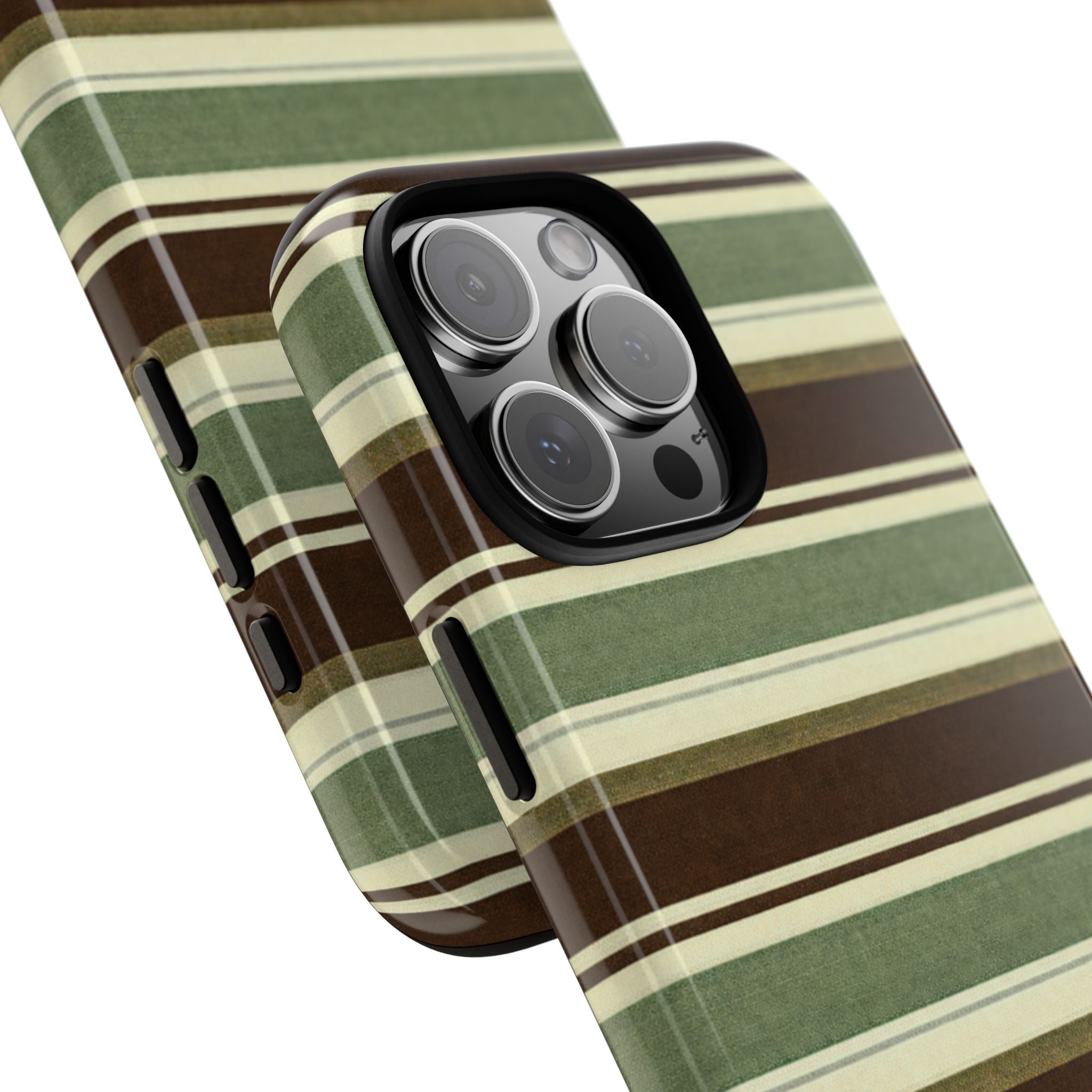 Olive striped phone case corner with raised camera bump and matching lens cutouts