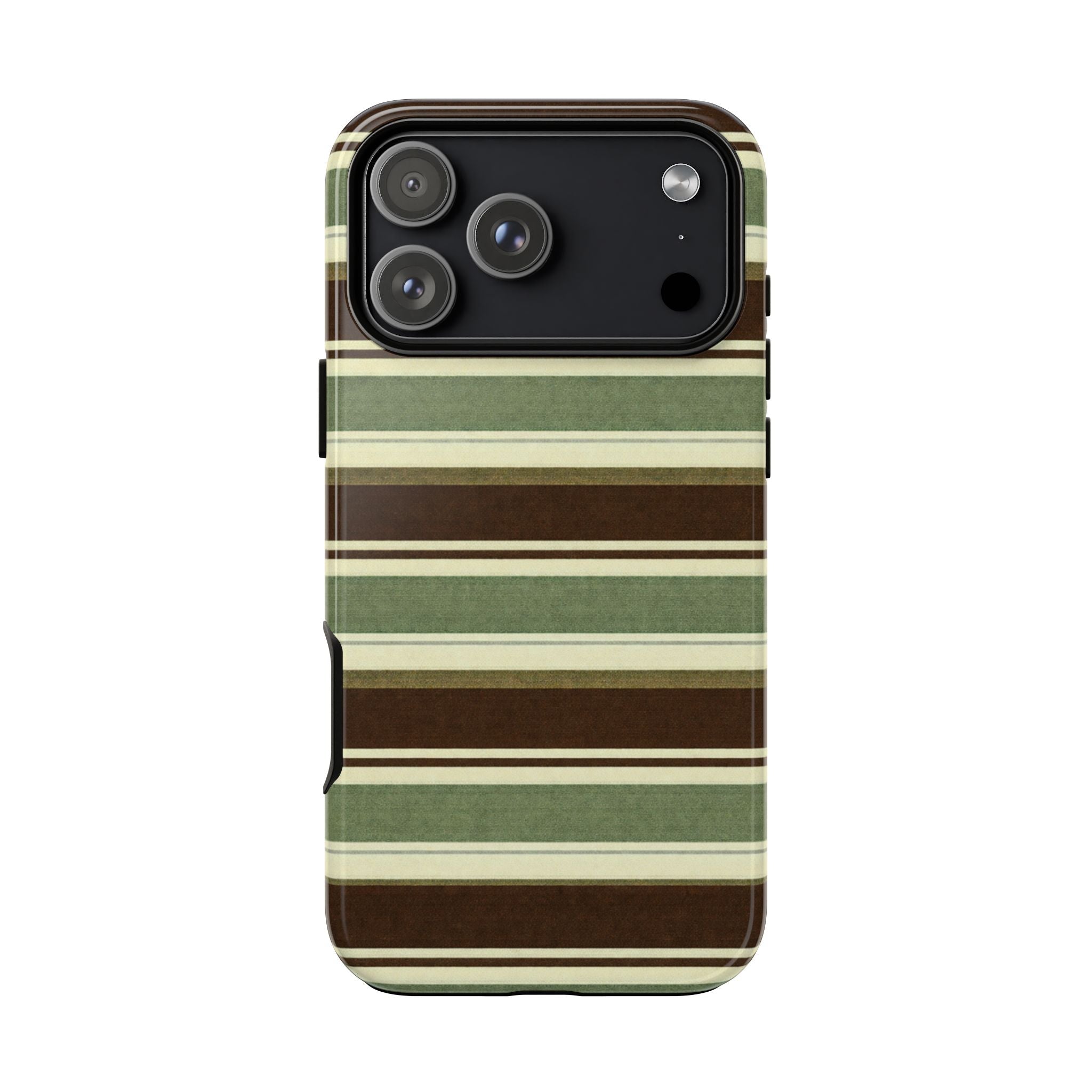 Olive striped phone case with cutouts for triple camera and flash