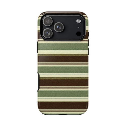 Olive striped phone case with cutouts for triple camera and flash