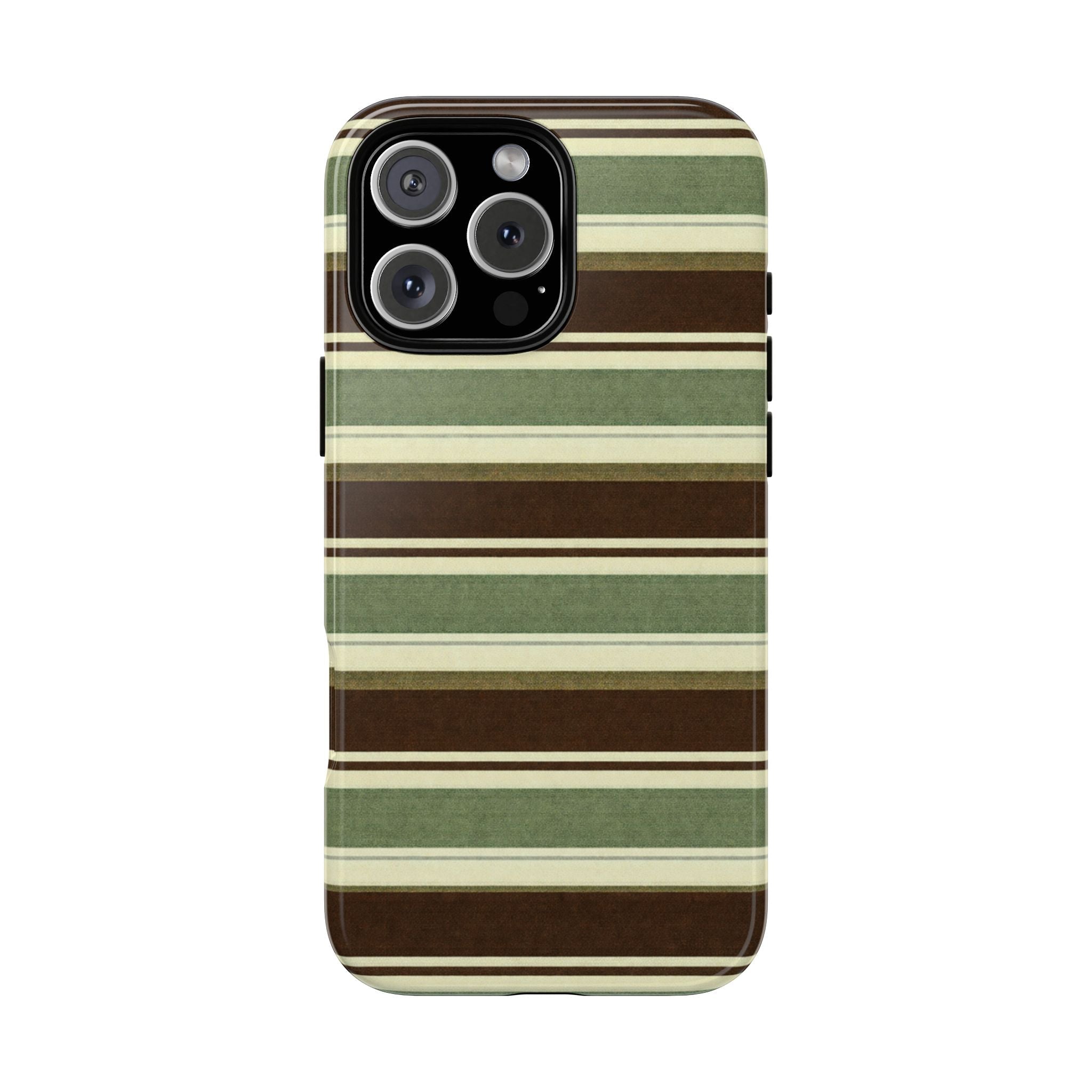 Olive striped phone case with camera lens openings and side button cutouts