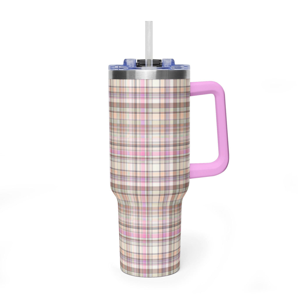 40oz stainless tumbler, country plaid wrap, flip lid, clear straw