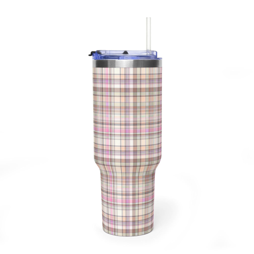 40oz stainless tumbler with country plaid wrap, flip-top lid and clear straw