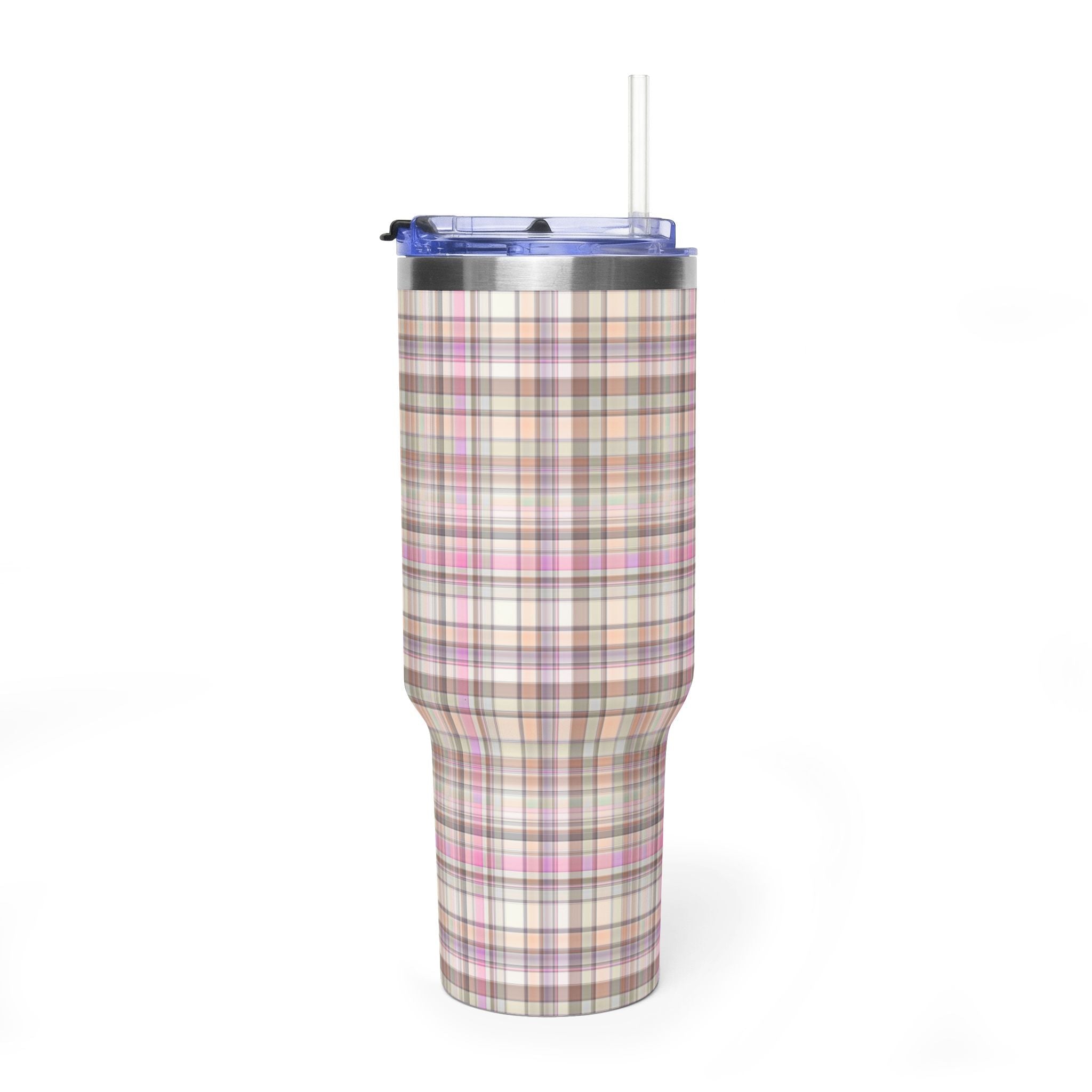 40oz stainless tumbler with country plaid wrap, flip-top lid and clear straw