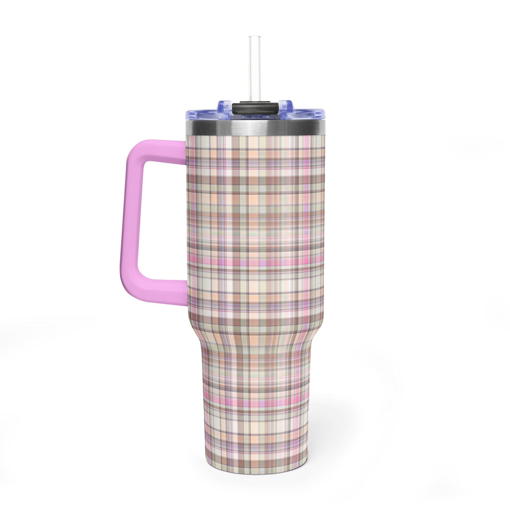 40oz plaid tumbler with pink handle, flip-top lid and clear drinking straw